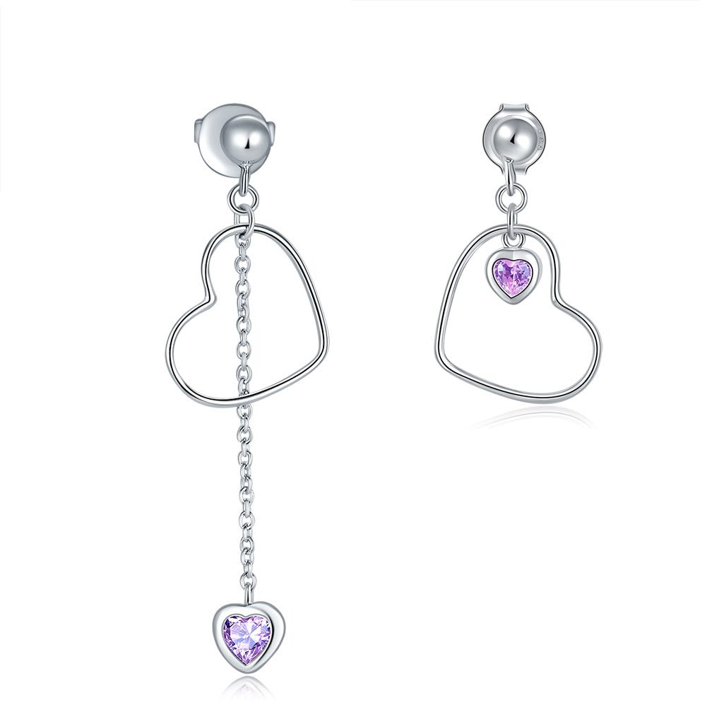 925 Sterling Silver Dangle Drop Pink Heart Earrings