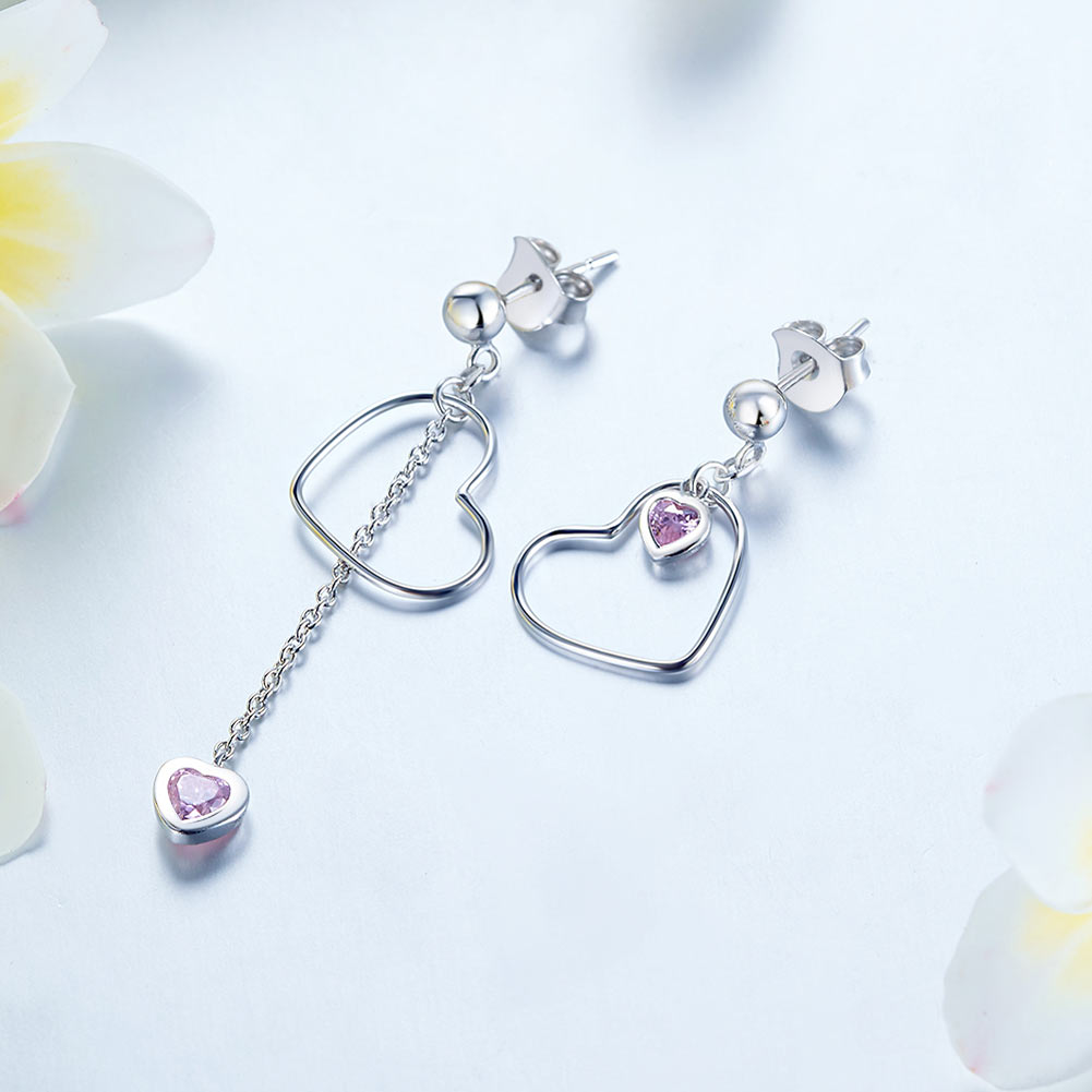 925 Sterling Silver Dangle Drop Pink Heart Earrings