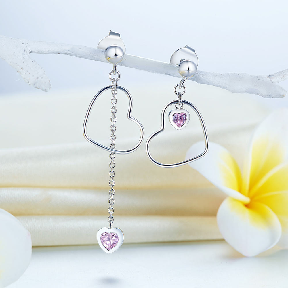 925 Sterling Silver Dangle Drop Pink Heart Earrings
