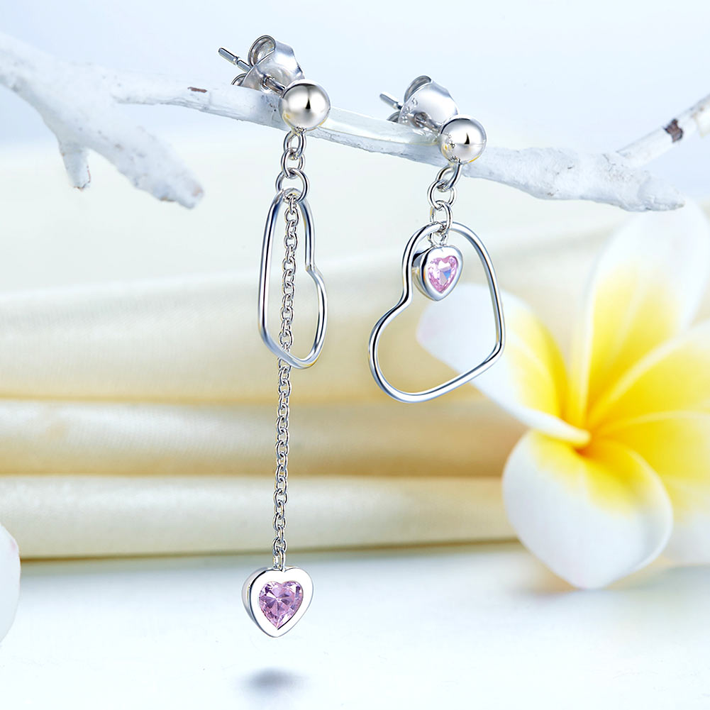925 Sterling Silver Dangle Drop Pink Heart Earrings