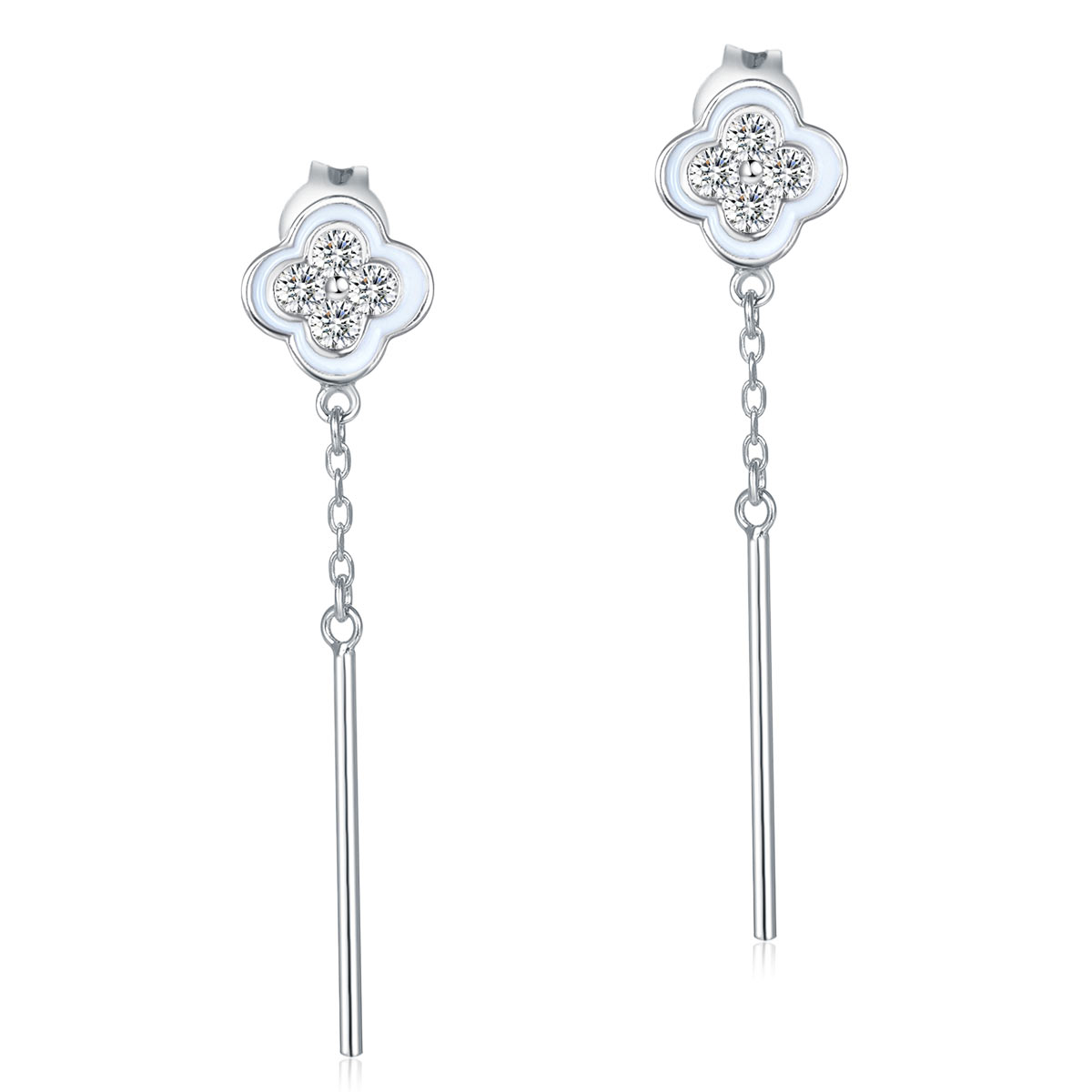 Elegant Solid 925 Sterling Silver Earrings Dangle Flowers Created Diamonds