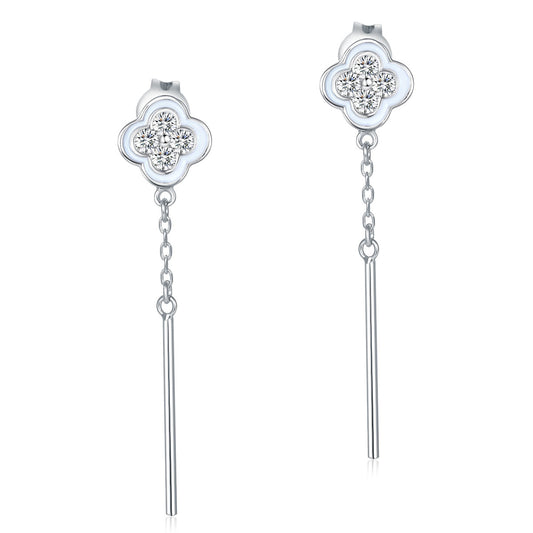 Elegant Solid 925 Sterling Silver Earrings Dangle Flowers Created Diamonds