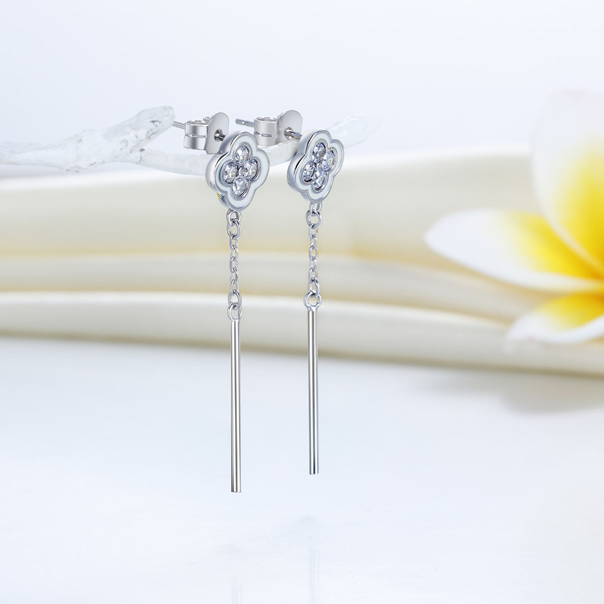Elegant Solid 925 Sterling Silver Earrings Dangle Flowers Created Diamonds