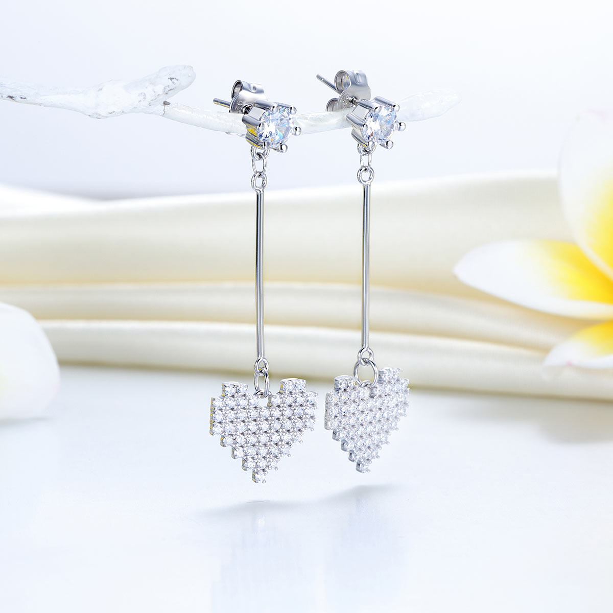Dangle Heart Solid 925 Sterling Silver Earrings Evening / Fashion Bridal Bridesmaid