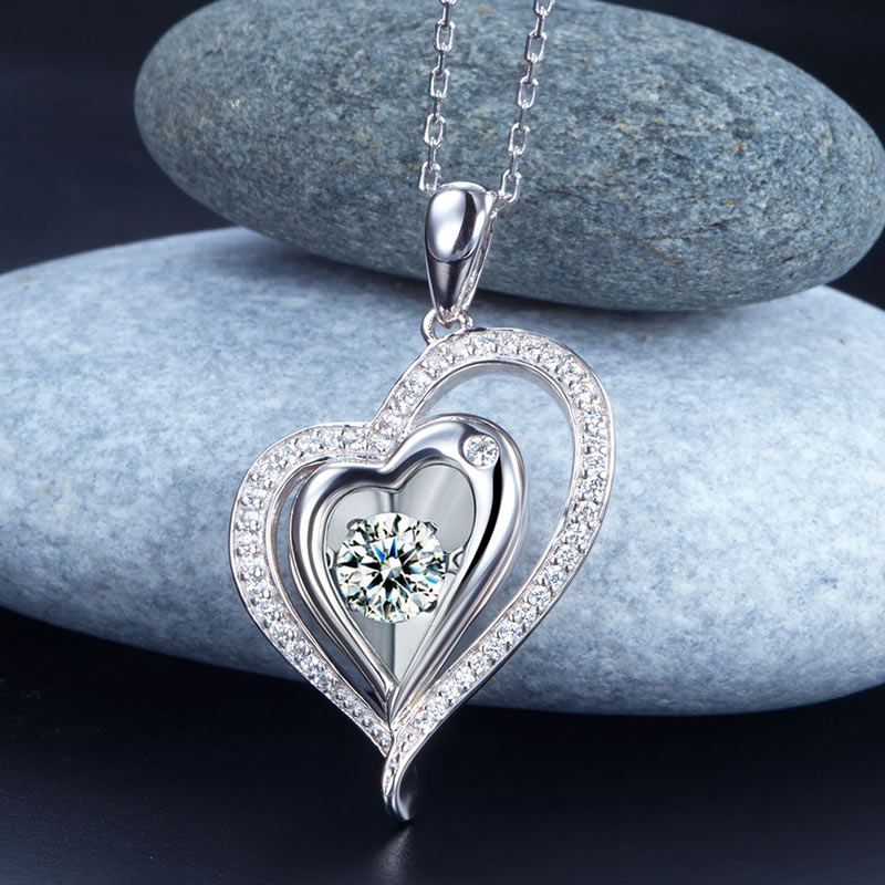 Dancing Stone Heart Pendant Necklace 925 Sterling Silver Bridesmaid Gift