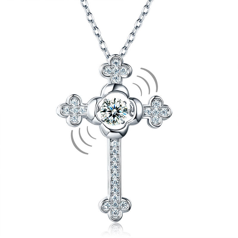 Dancing Stone Cross Created Diamond Pendant Necklace 925 Sterling Silver Vintage Style