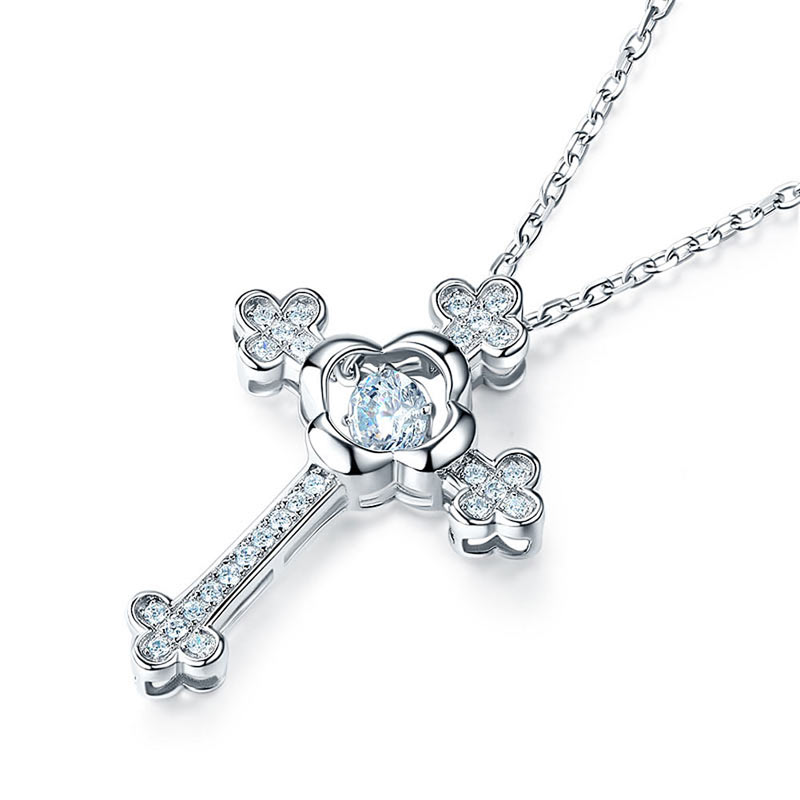 Dancing Stone Cross Created Diamond Pendant Necklace 925 Sterling Silver Vintage Style
