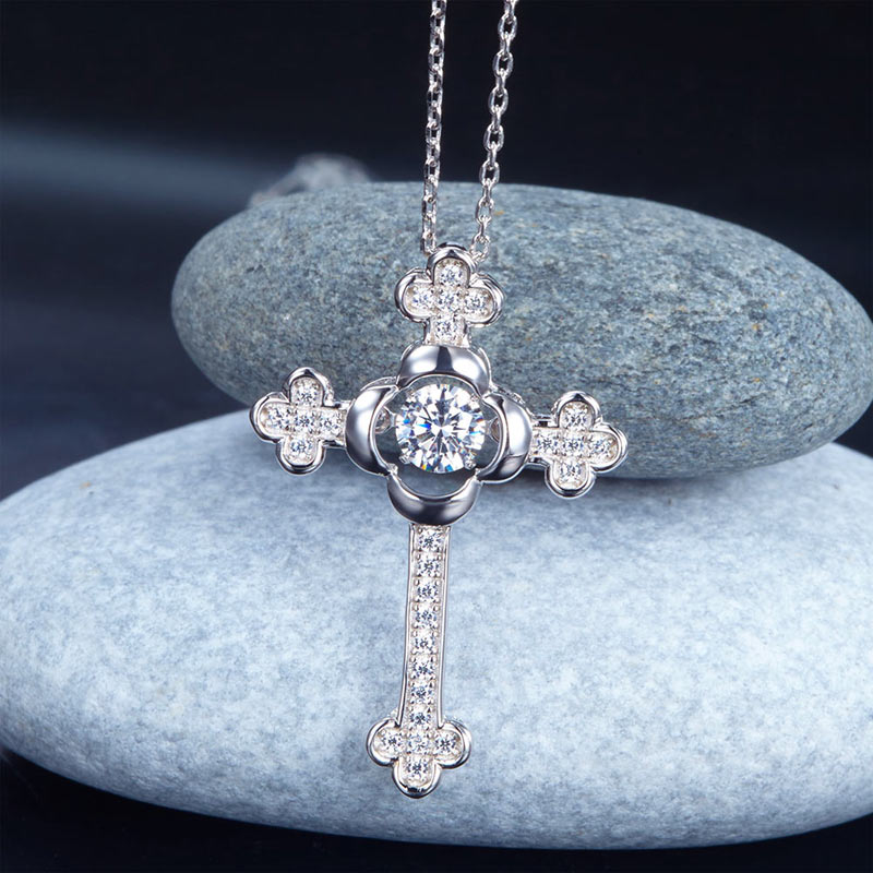 Dancing Stone Cross Created Diamond Pendant Necklace 925 Sterling Silver Vintage Style