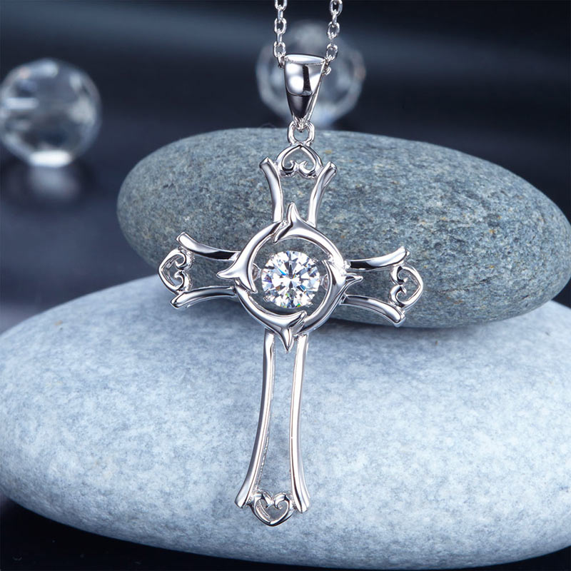 Dancing Stone Heart Cross Pendant Necklace 925 Sterling Silver