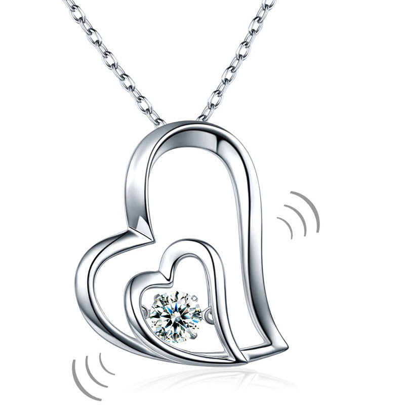 Dancing Stone Double Heart Pendant Necklace 925 Sterling Silver Bridesmaid Gift
