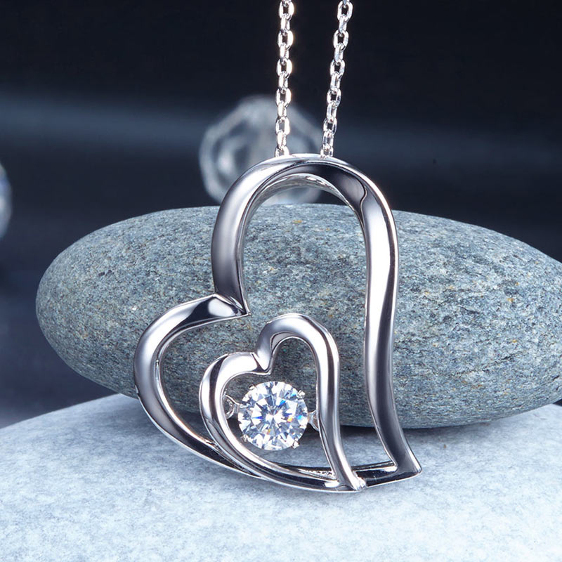 Dancing Stone Double Heart Pendant Necklace 925 Sterling Silver Bridesmaid Gift