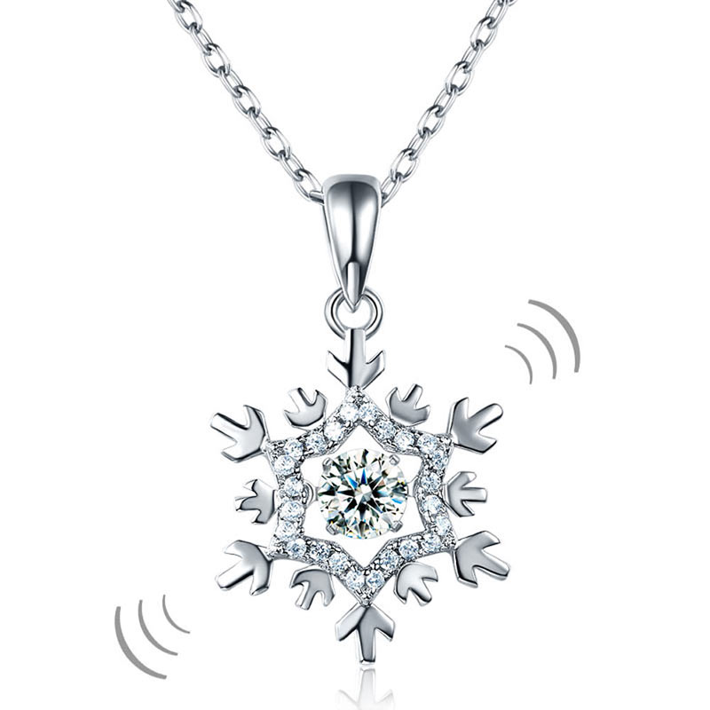 Dancing Stone Snowflake Pendant Necklace 925 Sterling Silver Bridal Gift