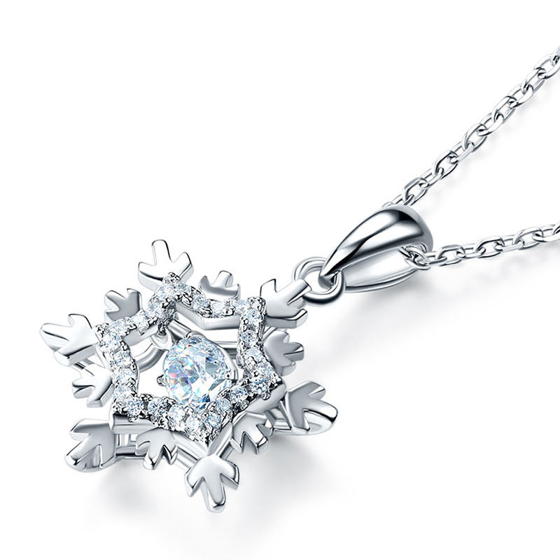 Dancing Stone Snowflake Pendant Necklace 925 Sterling Silver Bridal Gift
