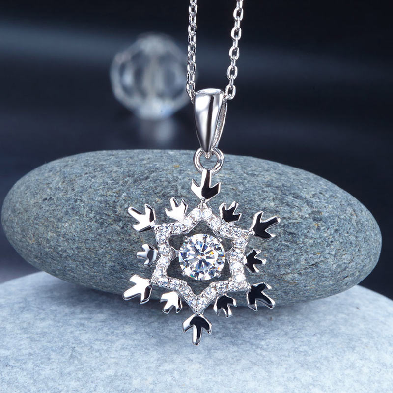 Dancing Stone Snowflake Pendant Necklace 925 Sterling Silver Bridal Gift