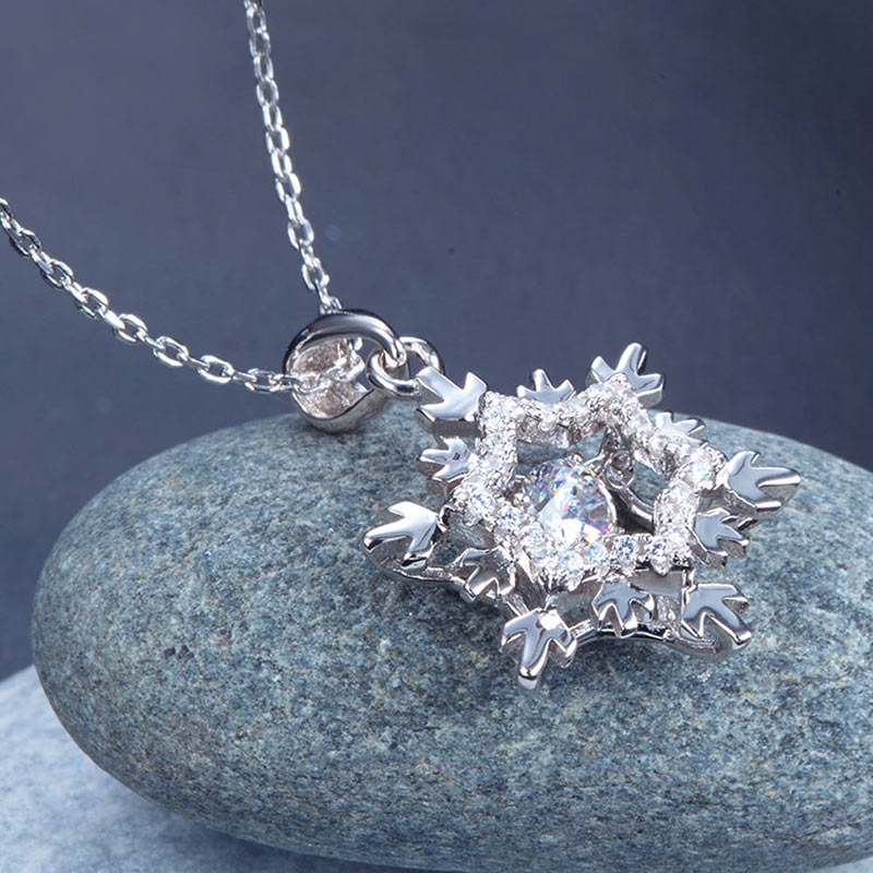 Dancing Stone Snowflake Pendant Necklace 925 Sterling Silver Bridal Gift