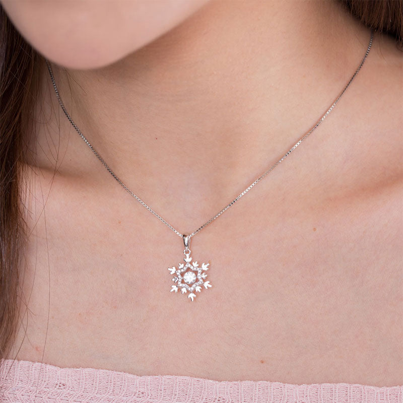 Dancing Stone Snowflake Pendant Necklace 925 Sterling Silver Bridal Gift