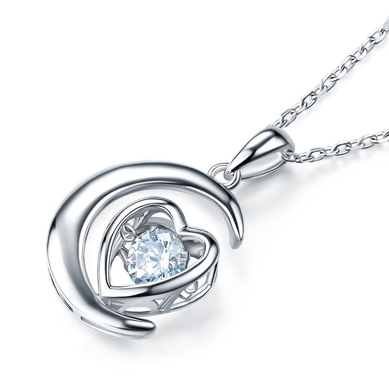 Dancing Stone Moon Heart Pendant Necklace 925 Sterling Silver Bridal Gift