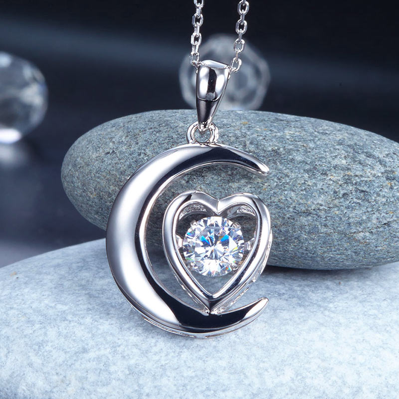 Dancing Stone Moon Heart Pendant Necklace 925 Sterling Silver Bridal Gift