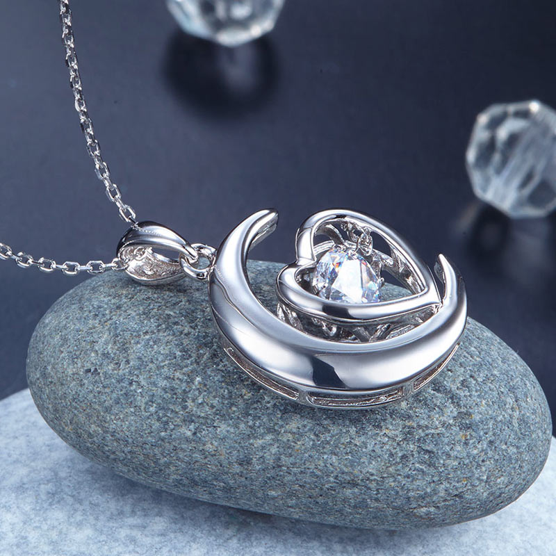 Dancing Stone Moon Heart Pendant Necklace 925 Sterling Silver Bridal Gift