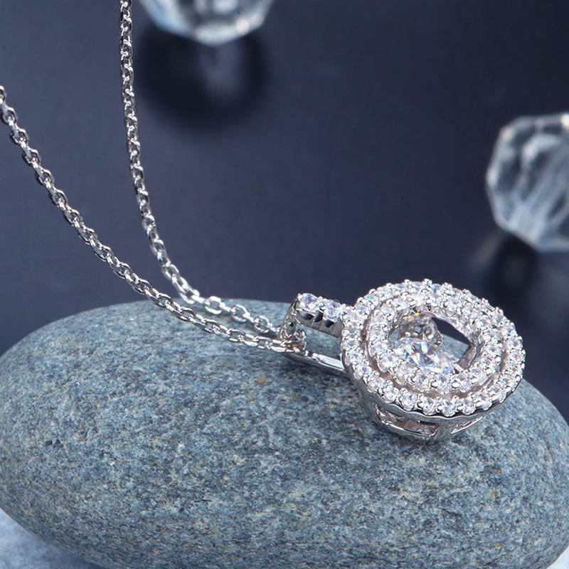 Dancing Stone Halo Pendant Necklace Solid 925 Sterling Silver