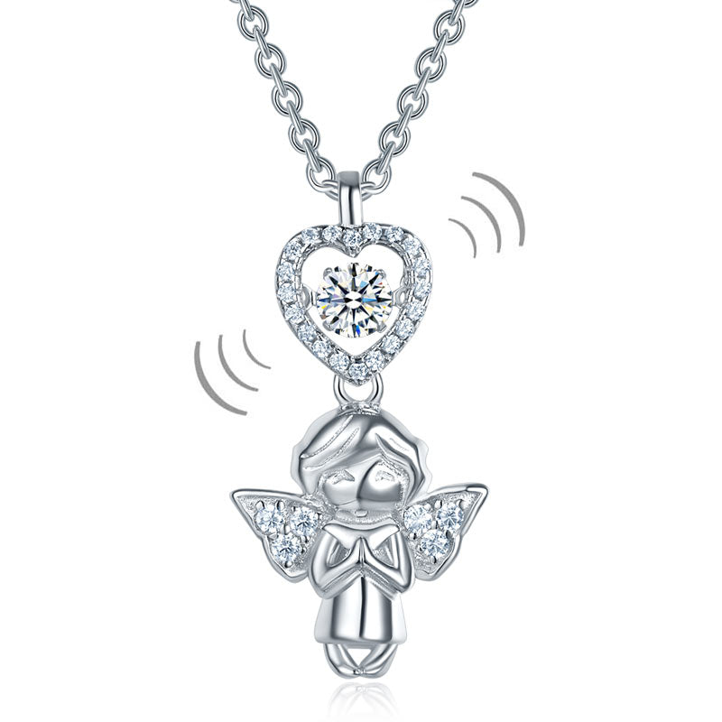 Angel Heart Dancing Stone Kids Girl Pendant Necklace Solid 925 Sterling Silver Children Jewelry