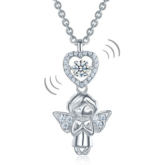 Angel Heart Dancing Stone Kids Girl Pendant Necklace Solid 925 Sterling Silver Children Jewelry