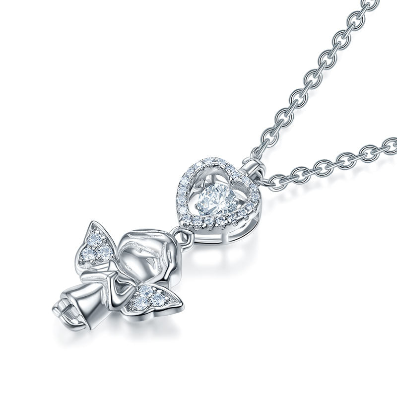 Angel Heart Dancing Stone Kids Girl Pendant Necklace Solid 925 Sterling Silver Children Jewelry