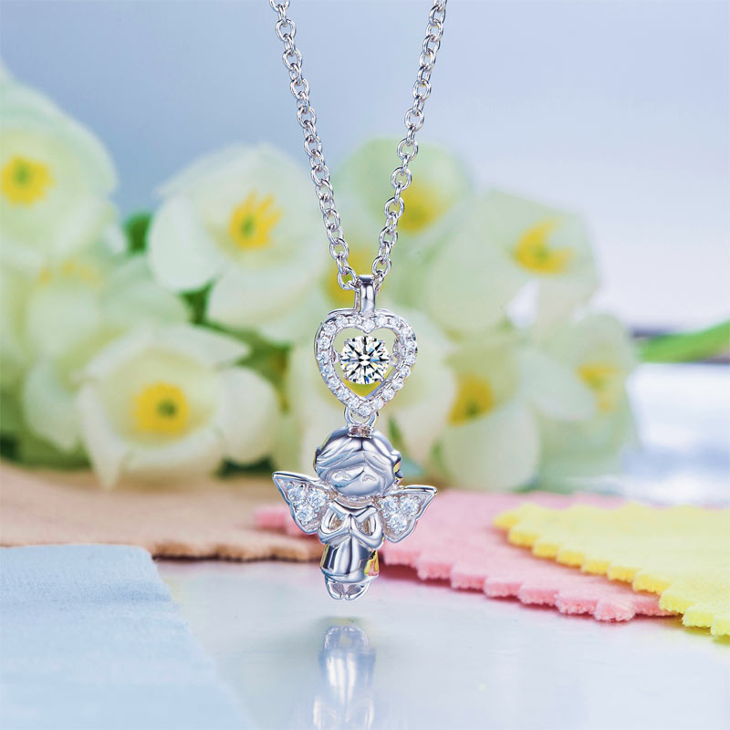 Angel Heart Dancing Stone Kids Girl Pendant Necklace Solid 925 Sterling Silver Children Jewelry
