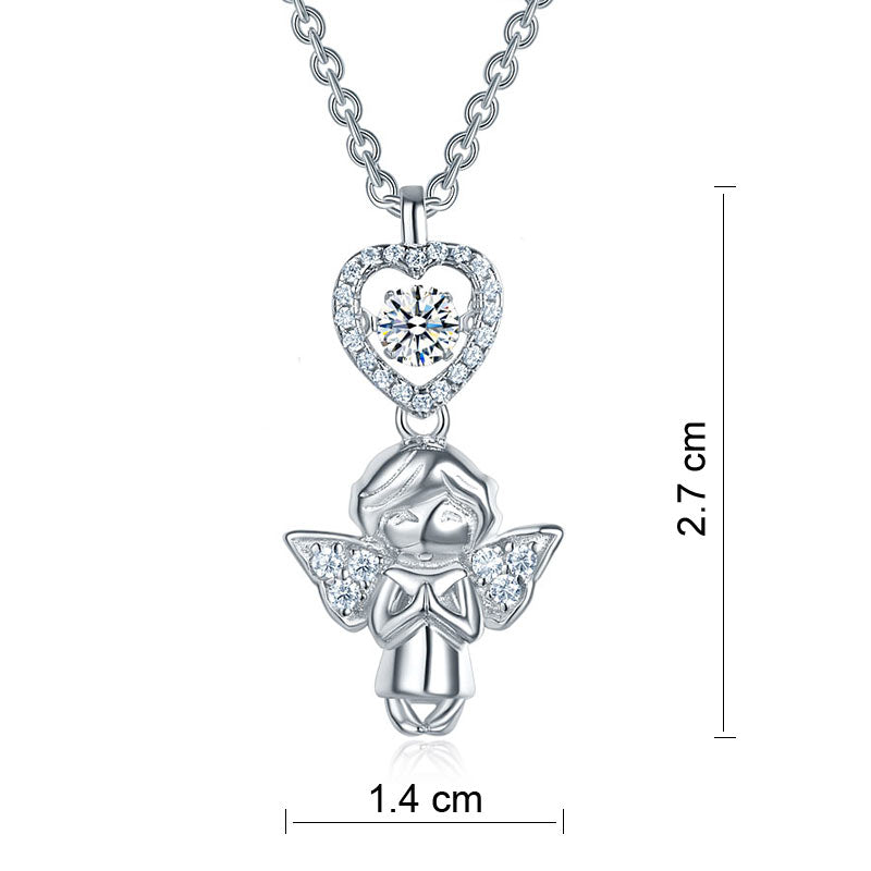 Angel Heart Dancing Stone Kids Girl Pendant Necklace Solid 925 Sterling Silver Children Jewelry