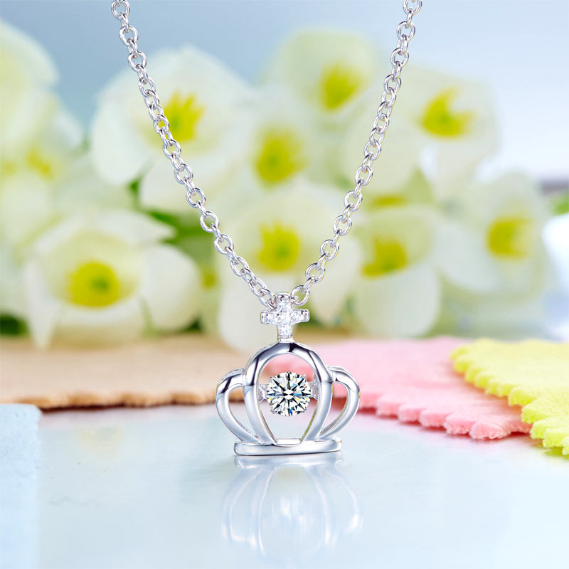 Crown Dancing Stone Kids Girl Pendant Necklace Solid 925 Sterling Silver Children Jewelry