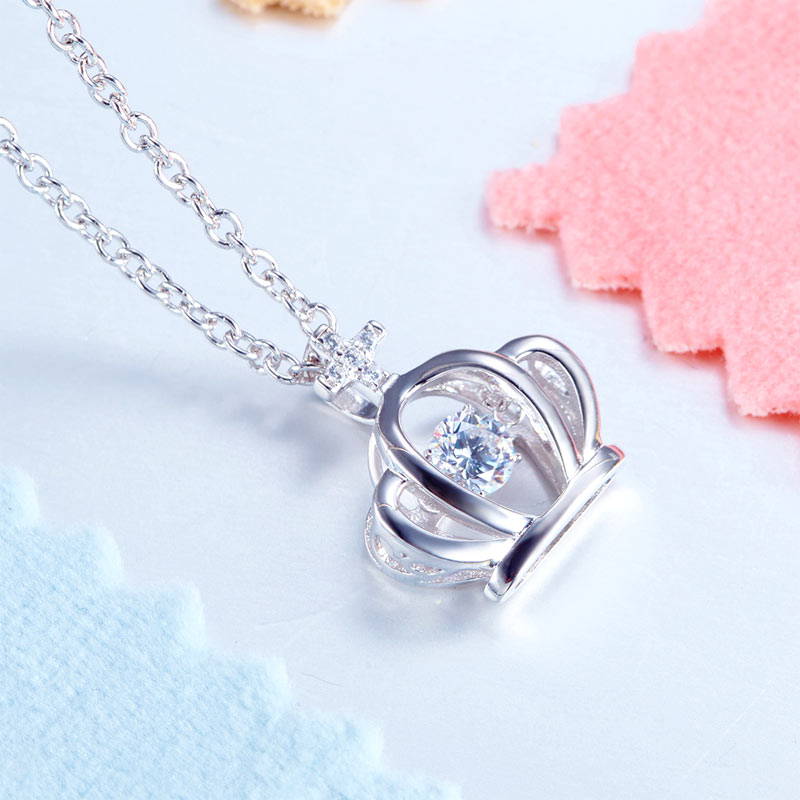 Crown Dancing Stone Kids Girl Pendant Necklace Solid 925 Sterling Silver Children Jewelry