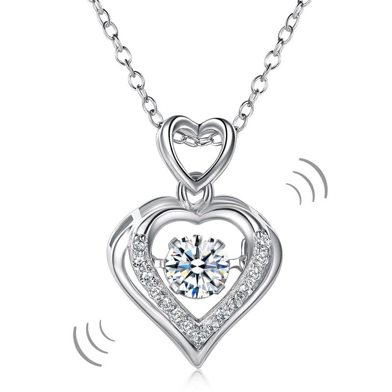 Double Heart Dancing Stone Pendant Necklace 925 Sterling Silver Bridesmaid Gift