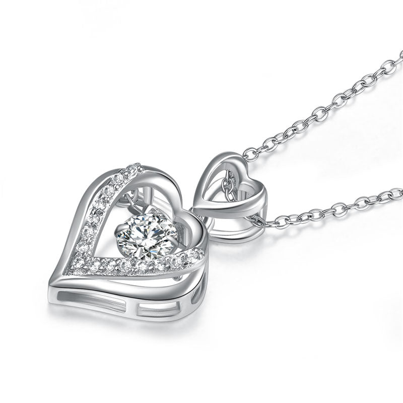 Double Heart Dancing Stone Pendant Necklace 925 Sterling Silver Bridesmaid Gift