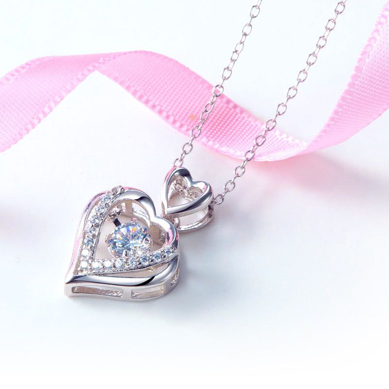 Double Heart Dancing Stone Pendant Necklace 925 Sterling Silver Bridesmaid Gift