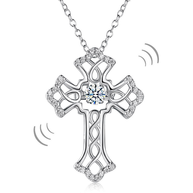 Vintage Style Cross Dancing Stone Pendant Necklace 925 Sterling Silver