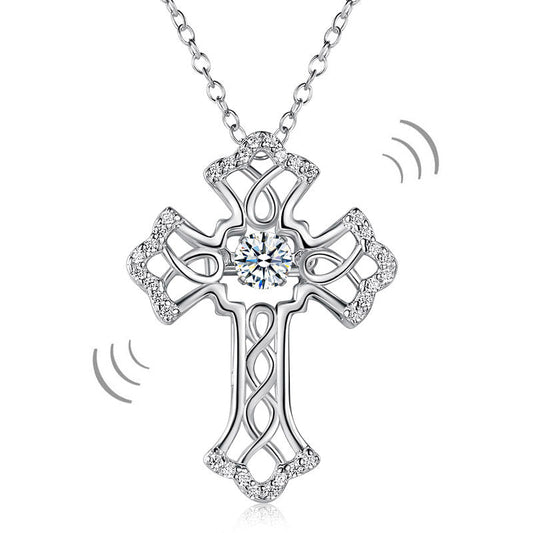 Vintage Style Cross Dancing Stone Pendant Necklace 925 Sterling Silver
