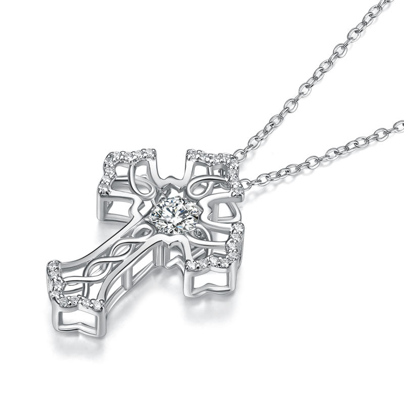 Vintage Style Cross Dancing Stone Pendant Necklace 925 Sterling Silver