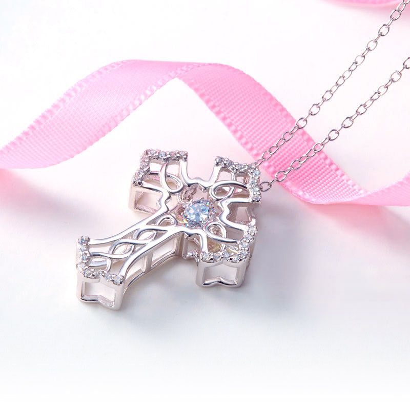 Vintage Style Cross Dancing Stone Pendant Necklace 925 Sterling Silver