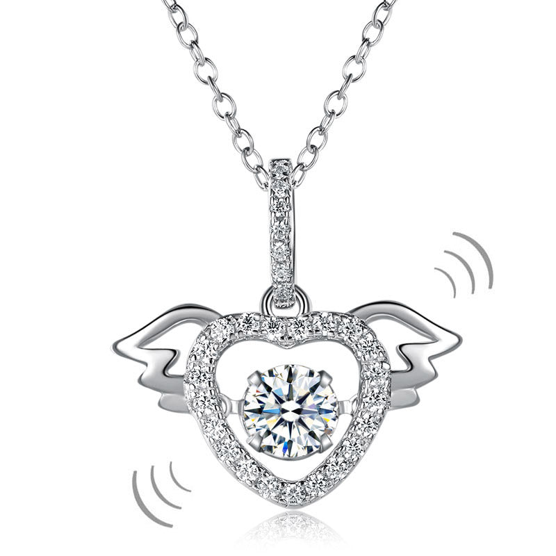 Heart Angel Wing Dancing Stone Pendant Necklace 925 Sterling Silver Bridesmaid Gift
