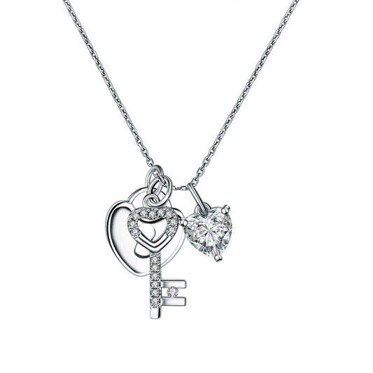 Love Heart Lock Key 925 Sterling Silver Pendant Necklace 1.5 Carat Created Diamond