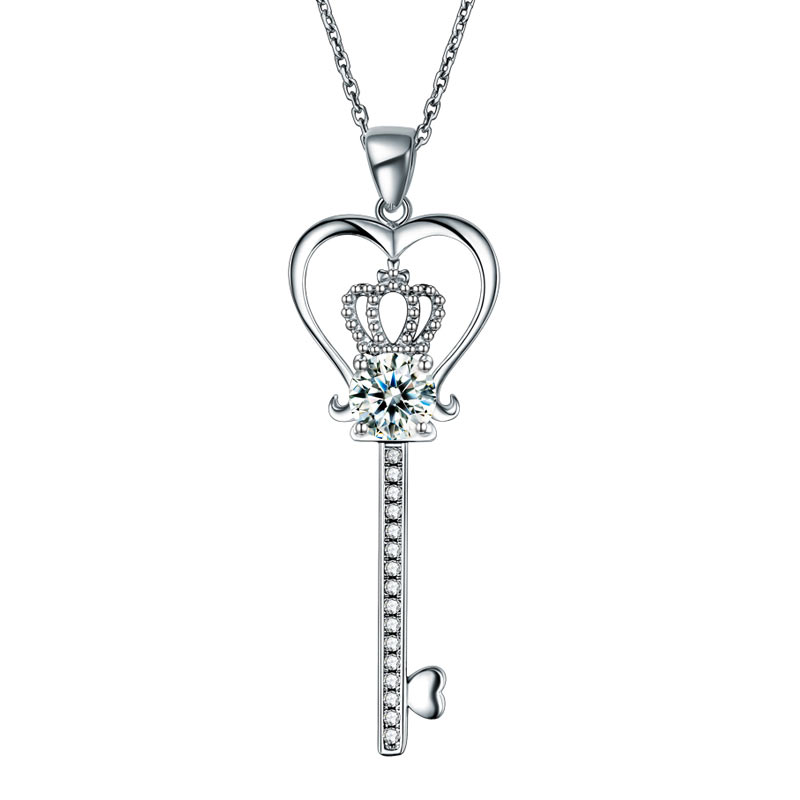 Love Heart Crown Key 925 Sterling Silver Pendant Necklace Created Diamond Jewelry 1.25 Carat