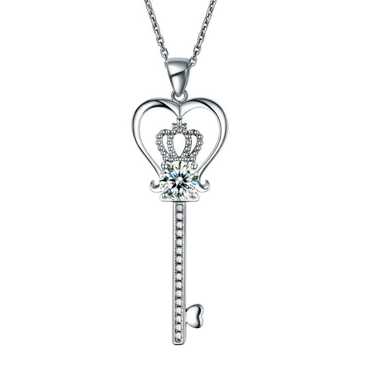 Love Heart Crown Key 925 Sterling Silver Pendant Necklace Created Diamond Jewelry 1.25 Carat