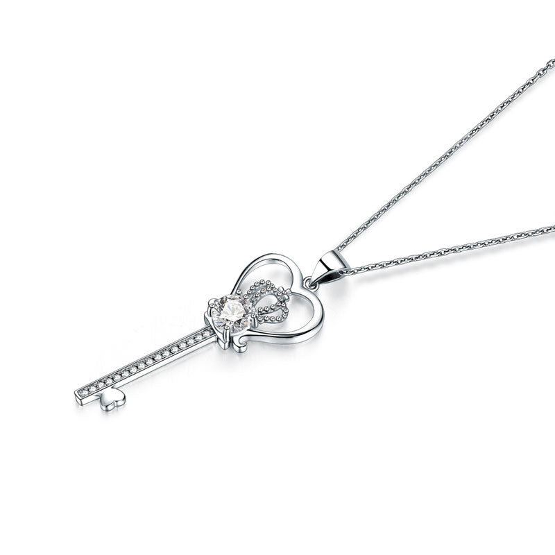 Love Heart Crown Key 925 Sterling Silver Pendant Necklace Created Diamond Jewelry 1.25 Carat