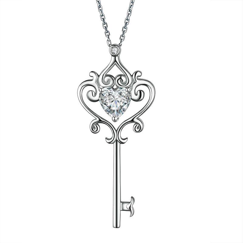 Love Heart Key 925 Sterling Silver Pendant Necklace Vintage Style 1.5 Carat Created Diamond