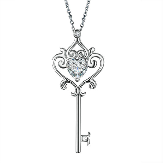 Love Heart Key 925 Sterling Silver Pendant Necklace Vintage Style 1.5 Carat Created Diamond