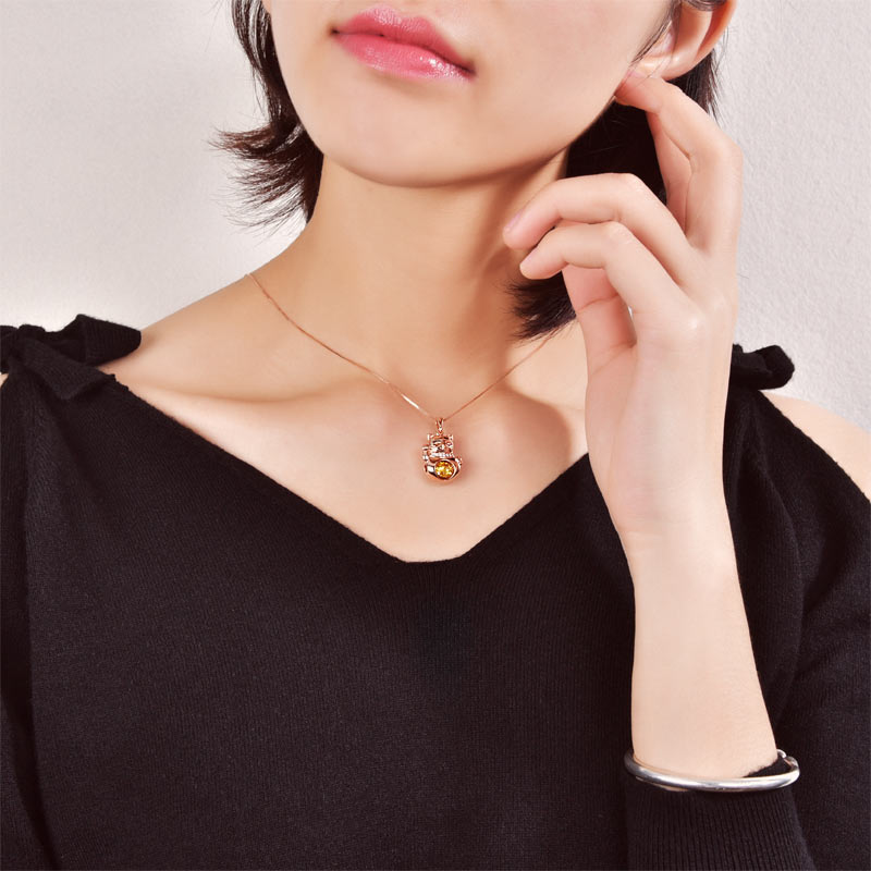 Lucky Cat Dancing Stone Pendant Necklace 925 Sterling Silver Rose Gold Plated