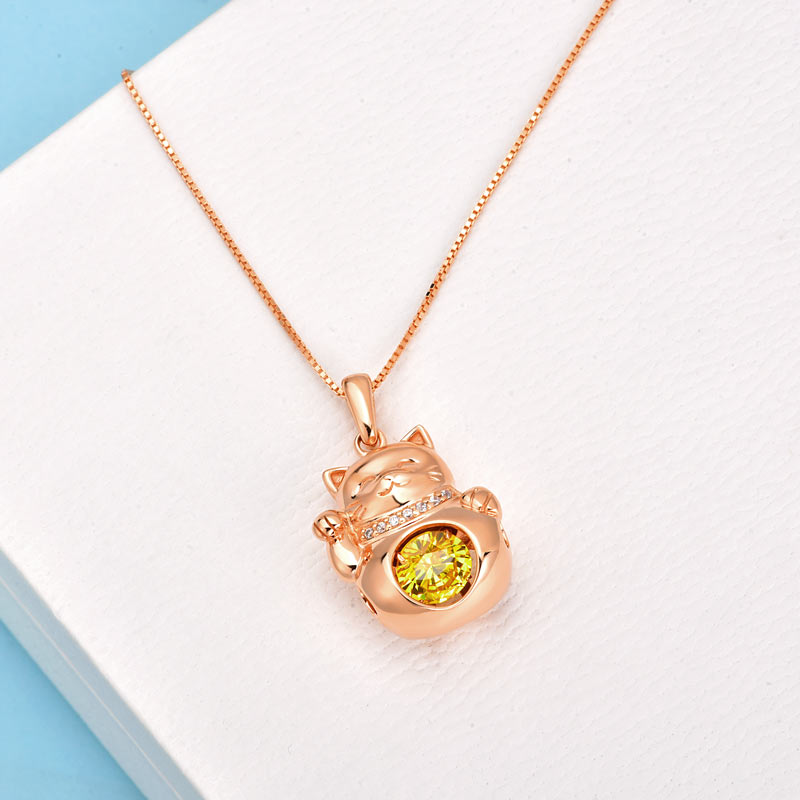 Lucky Cat Dancing Stone Pendant Necklace 925 Sterling Silver Rose Gold Plated