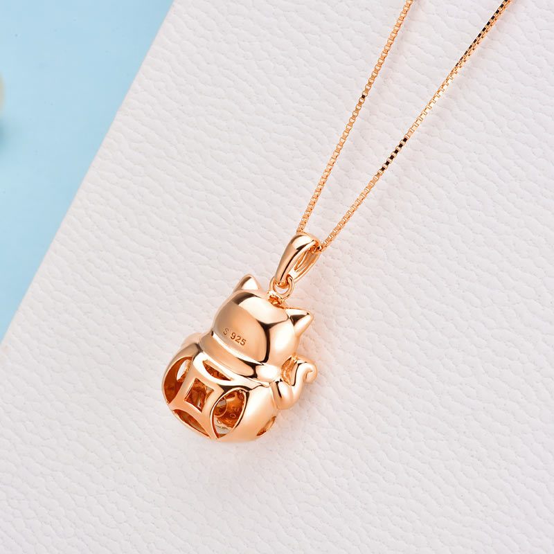 Lucky Cat Dancing Stone Pendant Necklace 925 Sterling Silver Rose Gold Plated