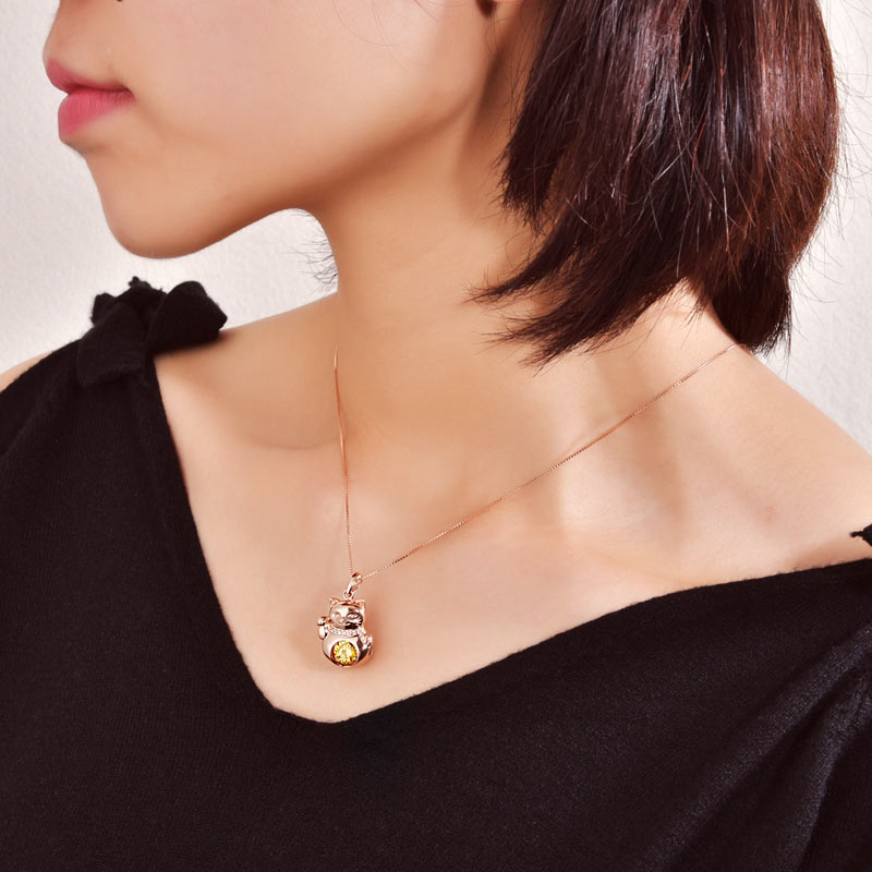 Lucky Cat Dancing Stone Pendant Necklace 925 Sterling Silver Rose Gold Plated