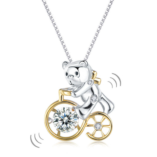 Bear Ride Bicycle Dancing Stone Pendant Necklace 925 Sterling Silver